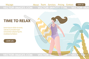 Tropical background with female charater, palm - vector clipart