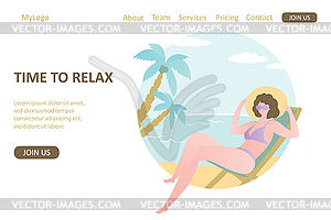 Tropical background with female charater, palm - vector image