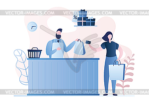 Female buyer and male seller in store, payment by - vector clip art