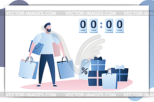 End of sale, timer shows zeros,man buyer with shoppi - vector image