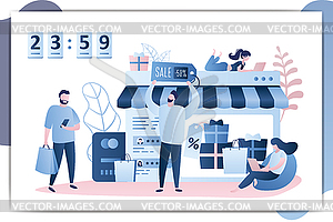 Online shop storefront, fashion guy with sale label - vector clipart