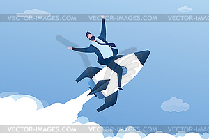 Happy businessman is sitting on flying rocket, - royalty-free vector image