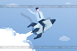 Happy caucasian man is sitting on flying rocket, - vector clip art