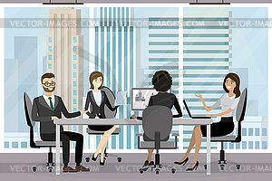 Group of business people sit at table,cartoon - vector image