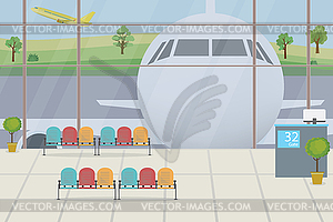 Empty airport interior with furniture.Airplane on - vector clip art