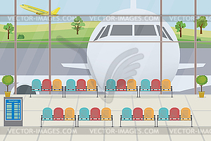 Empty airport interior with furniture.Airplane on - vector clipart