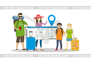 Happy family travellers with baggage and big - vector clipart