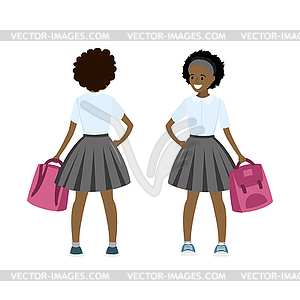 Cartoon african american schoolgirl with school - vector clipart