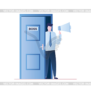 Office boss with megaphone stands in doorway - vector image