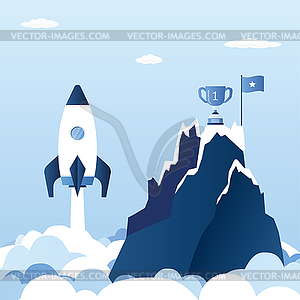 Rocket launch and goal flag with cup on peak - vector clipart