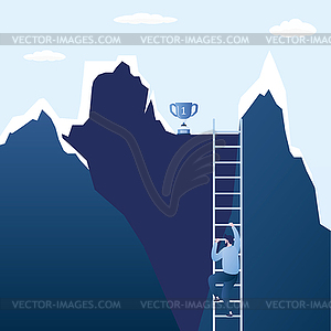 Обладатель кубка на вершине горы, бизнесмен поднимается по лестнице - изображение в формате EPS