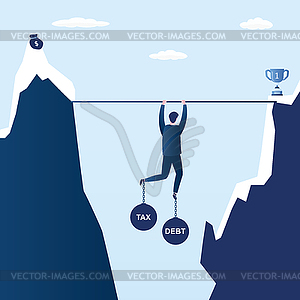 Бизнесмен изо всех сил старается удержаться на обрыве с долгами - иллюстрация в векторном формате