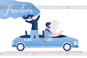 Freedom - happy free woman in cabriolet cheering - vector clip art