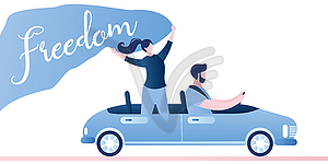 Freedom - happy free woman in cabriolet cheering - royalty-free vector clipart