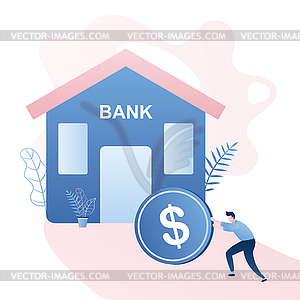 Credit burden,man rolls coin into bank,loan - vector clip art