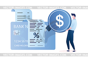 Businessman takes bank loan,male character holding - vector image