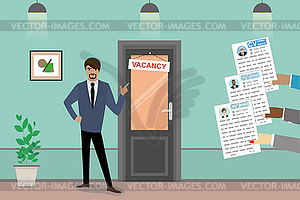 Мультяшный азиатский бизнесмен возле двери с вывеской- - иллюстрация в векторном формате
