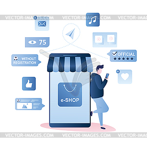Mobile shop with various signs and buttons,male - vector image