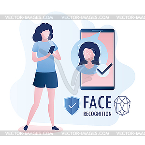 Female with mobile phone, face on big smartphone - vector image