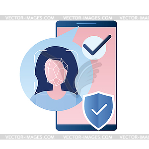Женское лицо на большом экране смартфона, концепция Face id - стоковый клипарт