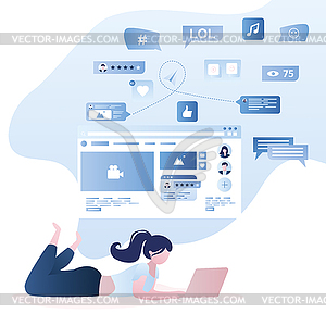 Cute girl with laptop.Chatting in social network,we - vector clip art