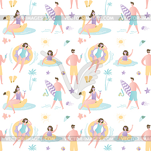 Seamless pattern with various people on beach,men - vector clipart