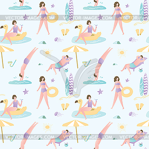 Seamless pattern with various people on beach,men - color vector clipart