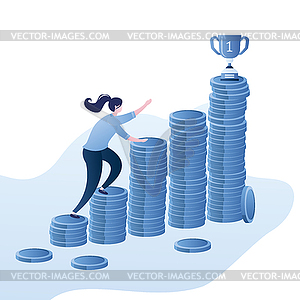 Businesswoman rises in stacks of coins, growing - vector clipart