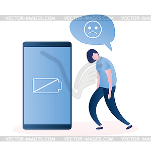 Modern smartphone with low battery level and unhapp - color vector clipart