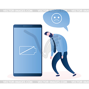 Smartphone with low battery level and unhappy - vector clip art