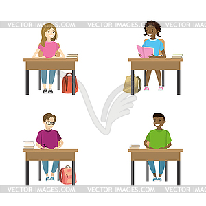 Schoolgirls and schoolboys sitting in workplace - vector clip art