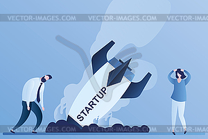 Failure startup background,fallen rocket burns and - color vector clipart