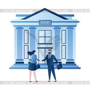 Business people handshake and bank building on - color vector clipart