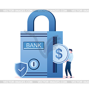 Bank lock or strongbox and businessman hold - vector clipart
