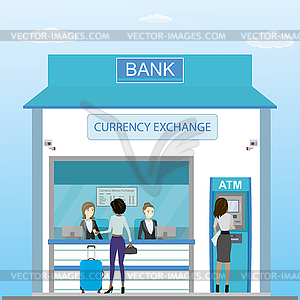 Bank building with currency exchange and ATM - royalty-free vector clipart