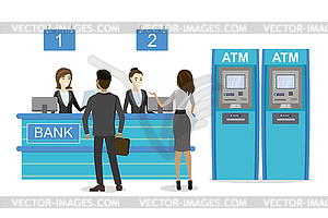 Male and female clients standing and talking to - vector clipart / vector image