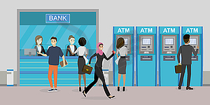 Bank counter or currency exchange service with - vector clipart