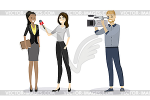 Beautiful female reporter with microphone interview - vector clip art