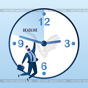 Caucasian businessman hangs on clock,deadline - vector clip art