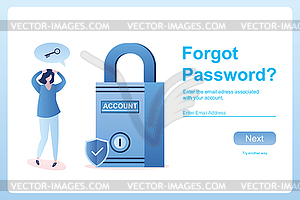 Sad female character and account lock,forgot - vector clipart / vector image