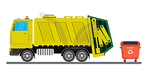Yellow garbage truck and red garbage container - vector clip art