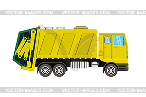 Yellow garbage truck side view, cartoon vehicle - vector clipart