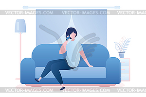 Woman is sitting on couch and talking on phone, - vector image