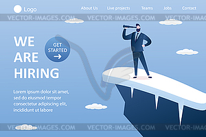 Businessman on top of mountain looks into - vector clipart