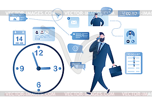 Time management concept. Businessman with smartphon - color vector clipart