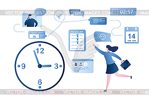 Time management concept. Businesswoman runs to - vector image