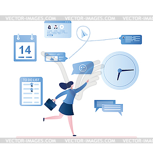 Time management concept. Businesswoman runs to - vector clipart