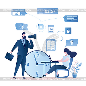 Big watch, woman employee on workplace and - royalty-free vector clipart