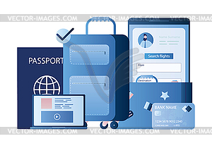 Travel accessories. Blue luggage, laptop, passport - vector image