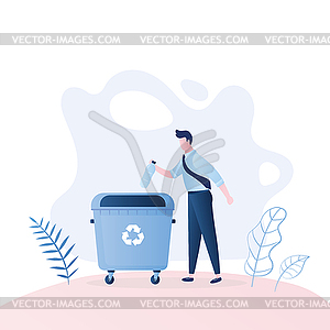 Man throwing plastic bottle garbage in big trash - vector clipart